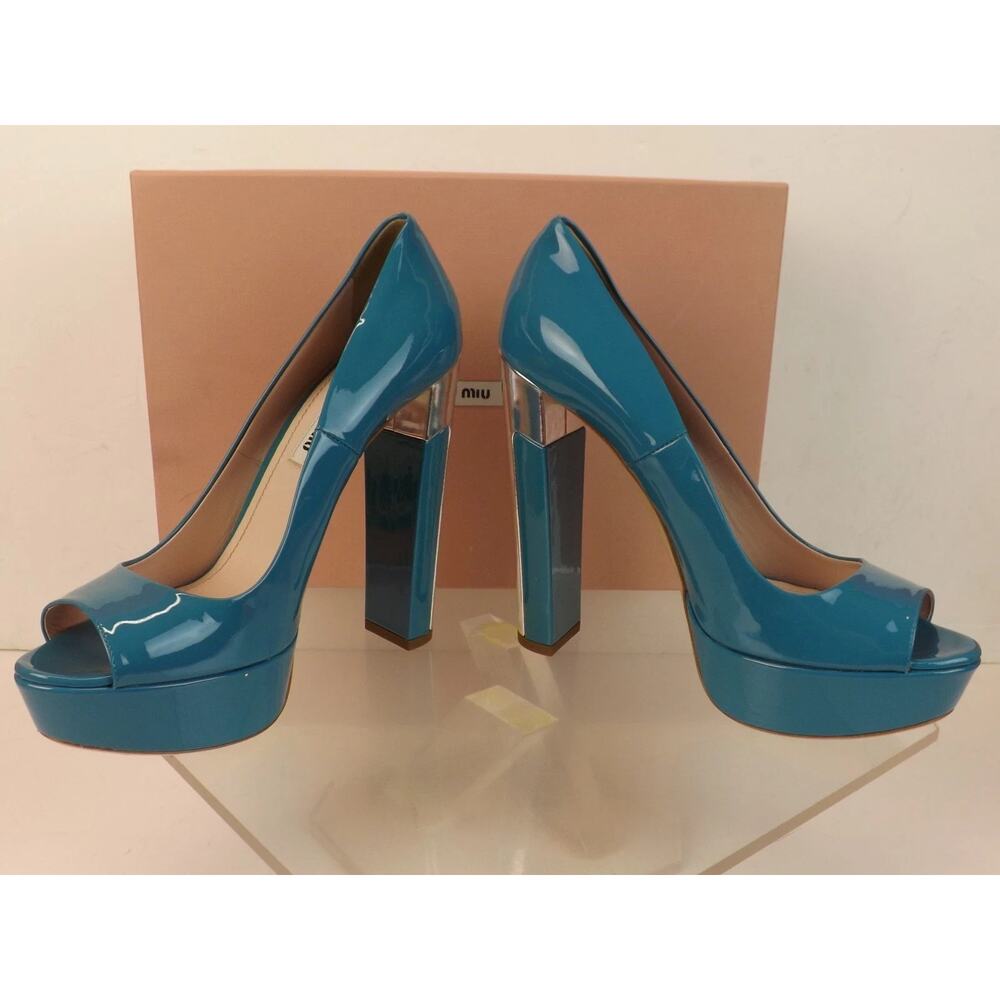 NIB MIU MIU PRADA 5KP267 LIGH BLUE PATENT LEATHER OPEN TOE SILVER HEEL PUMPS 39 - Picture 4 of 10
